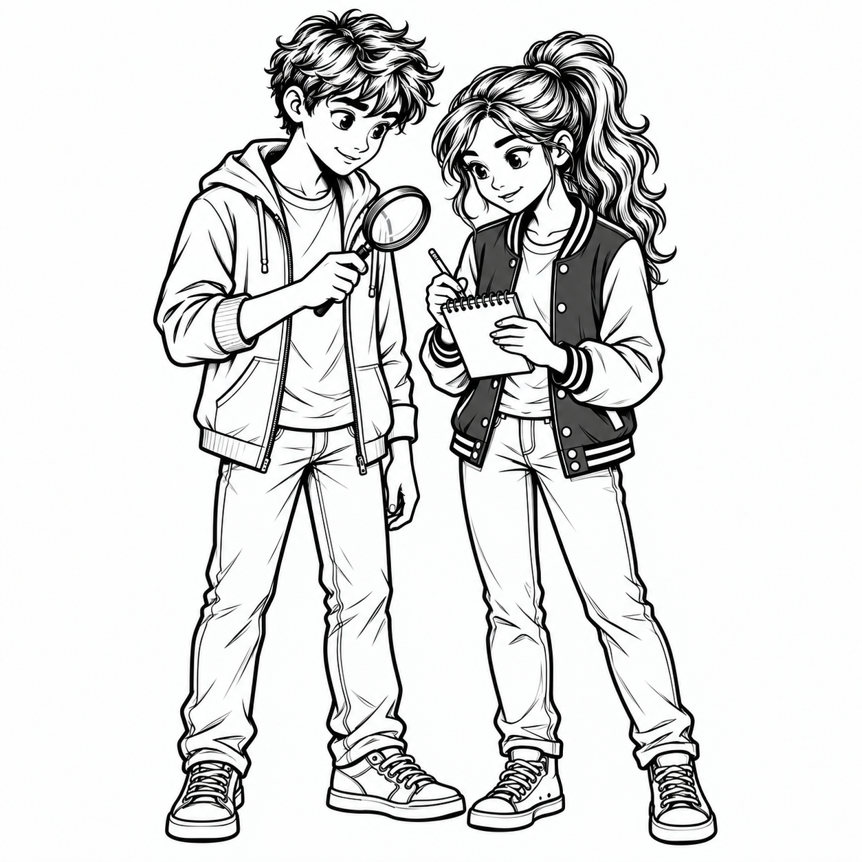 Two teenage detectives examining clues with a magnifying glass and notebook.