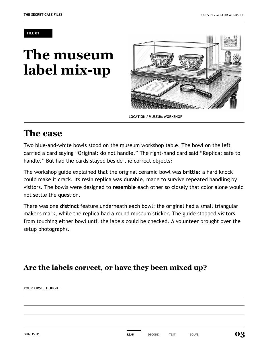Bonus case one: The museum label mix-up, with story, museum illustration and first-thought writing lines.