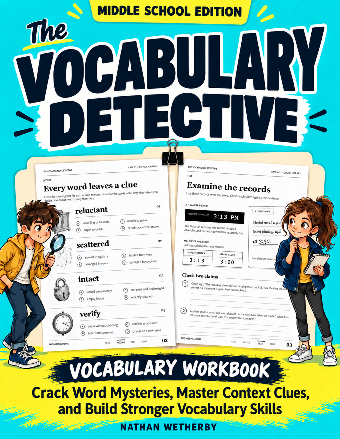 The Vocabulary Detective workbook by Nathan Wetherby, with two young detectives and case pages.